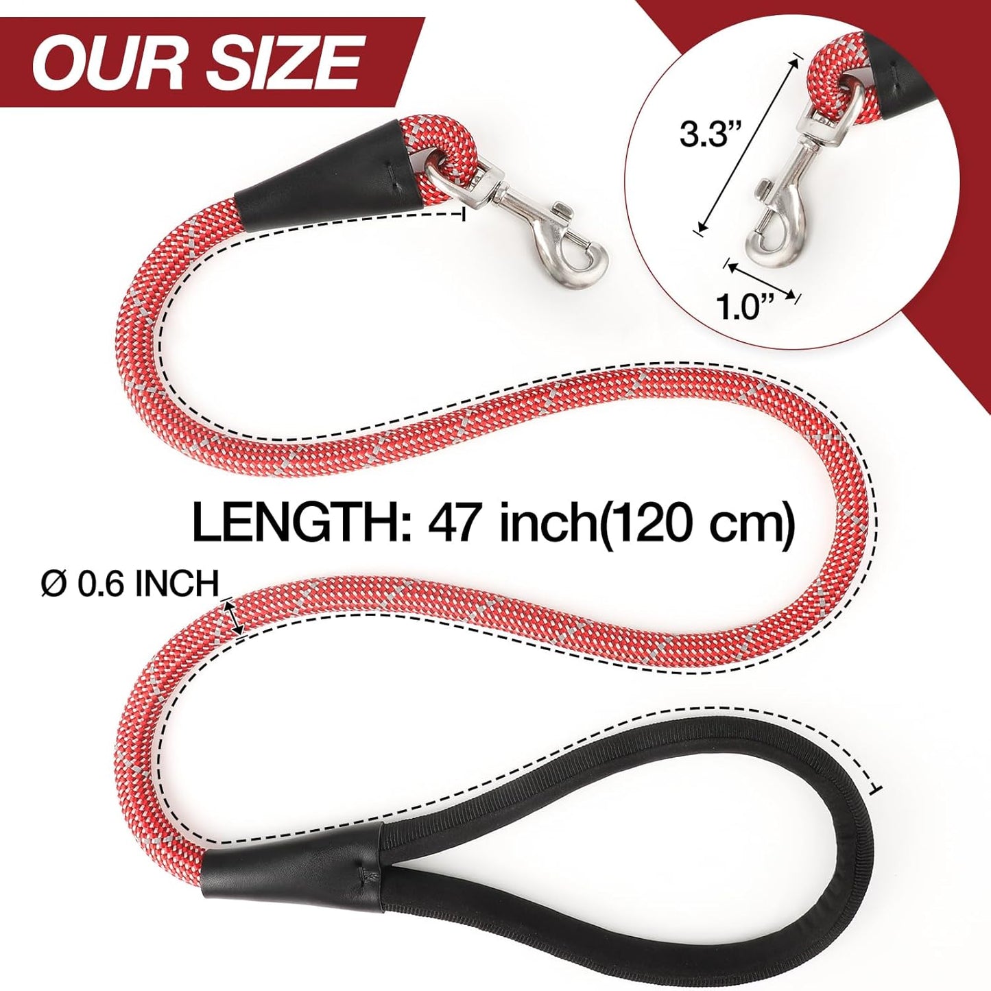 Red 4FT Dog Leash for Large Dogs Night Walking Reflective Heavy Duty Chew-Resistant Nylon Leash with Padded Handle and 360° Swivel Clip Strong for Medium to Large Breeds