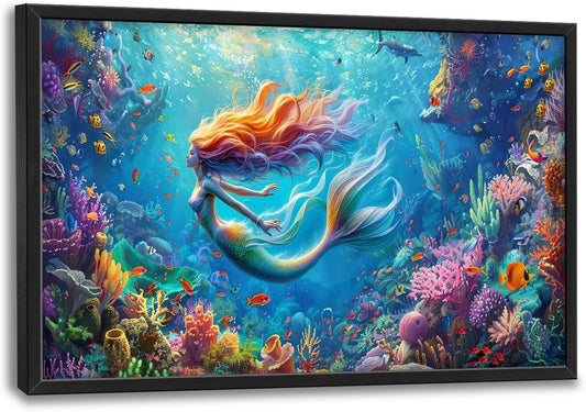 Quorin Mermaid Large Wall Art Sea Ocean Mermaid Pictures Colorful Undersea Wall Decor Canvas Print Painting Artwork for Bathroom Living Room Bedroom 36L x 24W