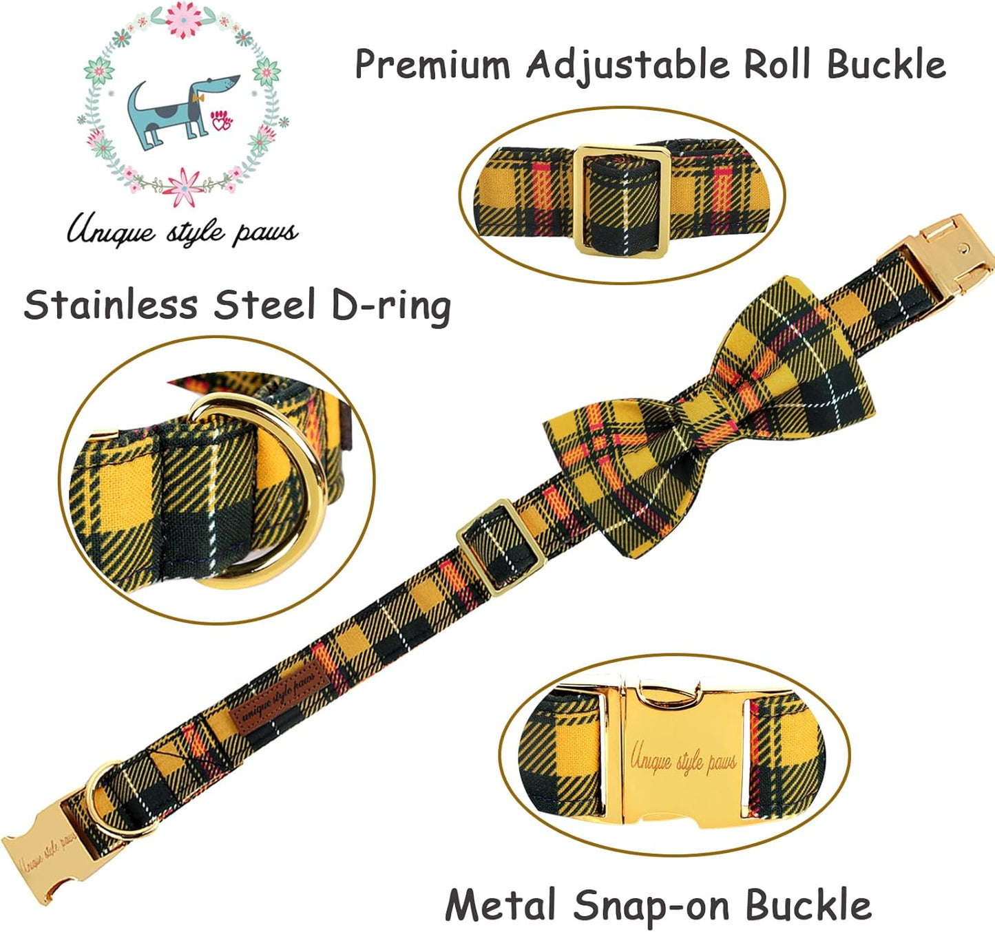 Unique style paws Bowtie Dog Collar Cotton Plaid Collar Adjustable Puppy Collar for Small Medium Large Dogs-M