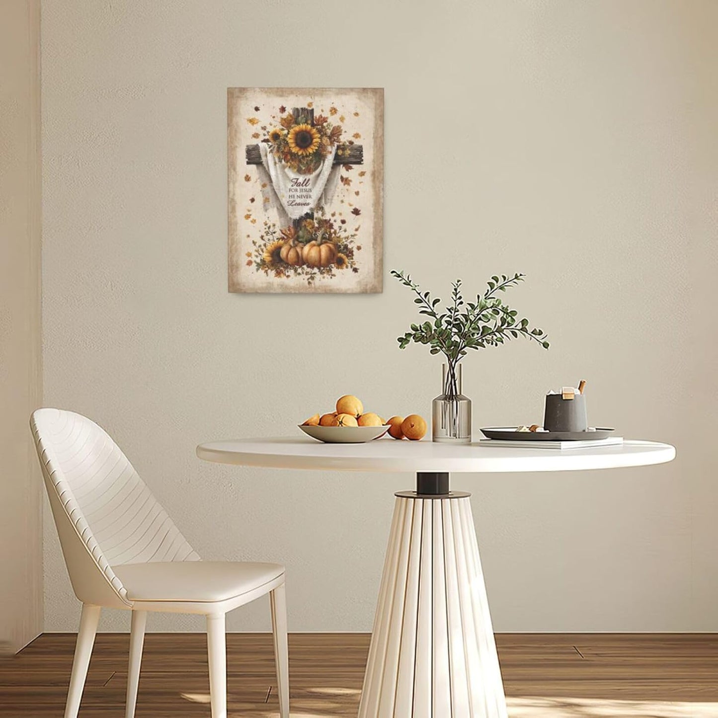 Christian Fall Wall Art Autumn Rustic Cross Sunflower Pumpkin Wall Decor Fall for Jesus He Never Leaves Pictures Painting Print Framed Artwork Decorations Gifts for Living Room Bedroom Prayer Room Office 12"x16"