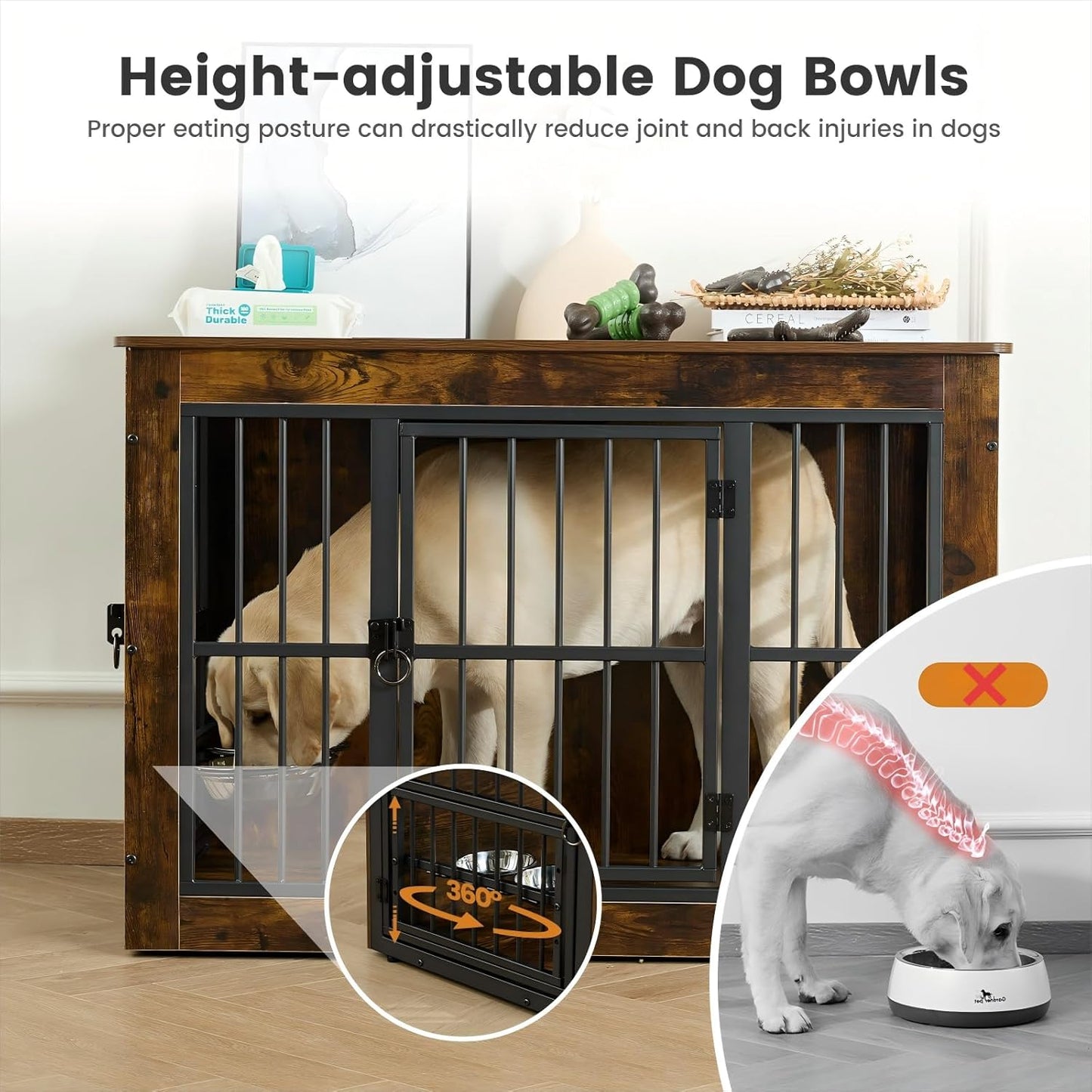 Gardner Pet Dog Crate Furniture for Medium Dogs, 38.8 Inch Dog Kennel Indoor, Wooden Dog Cage End Table with 2 Removable Bowls, Heavy Duty Dog Crate, Rustic Brown