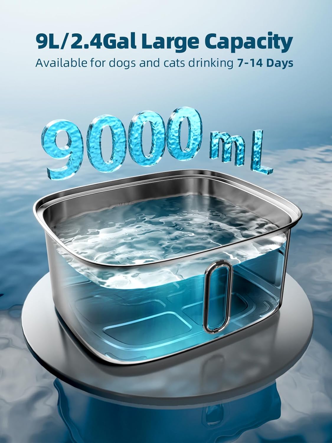 Dog Water Fountain for Large Dogs, 9L/2.4Gal Stainless Steel Dog Fountain with Water Level Window & Filtration, Automatic Pet Water Bowl Dispenser Indoor, Super Quiet for Multi-Pet