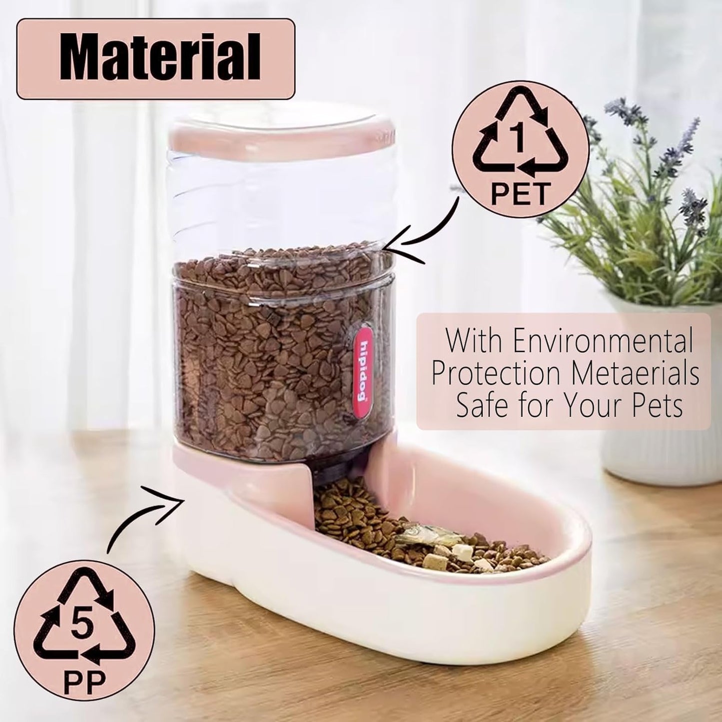 kathson Automatic Cat Feeder 1 Gallon Gravity Dog Food Dispenser Large Capacity Self Feeding Pet Food Bowl for Puppy Kitten Rabbit Pink