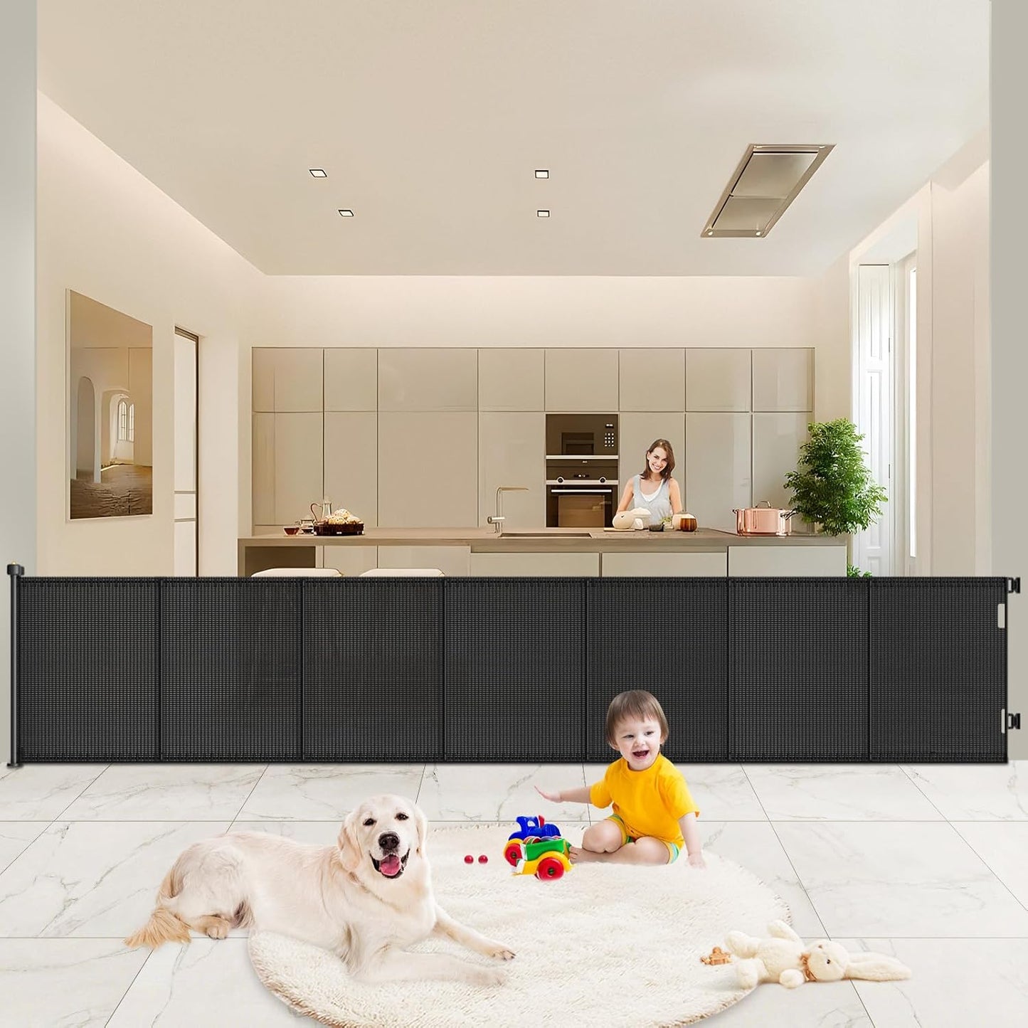 Pawtners Retractable Baby Gates Extra Wide, 41" Tall Extends up to 120" Wide, Dog Gate Indoor for Stairs, Pet Gate with Support Rods for Doorways Hallways Indoor & Outdoor-Black