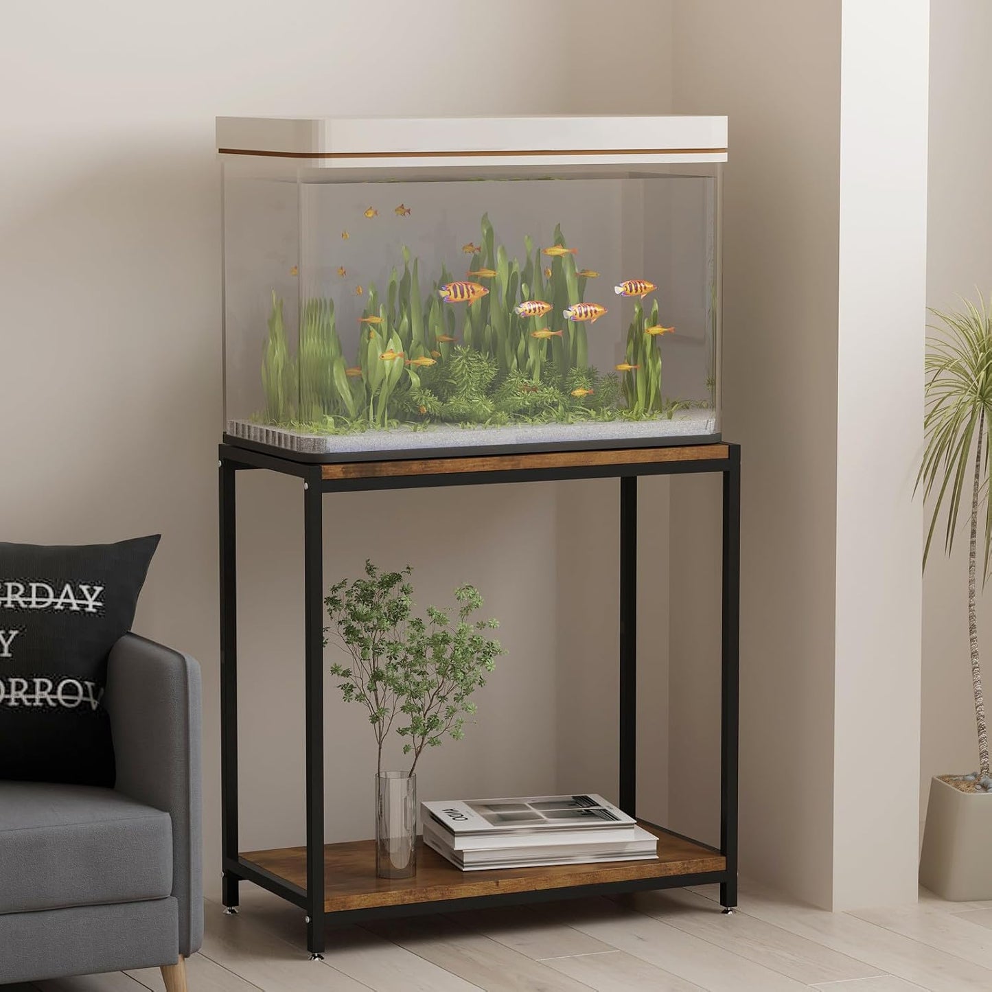 20 Gallon Metal Aquarium Stand with Shelves for Fish Tank Accessories Storage, Reptile Tank Turtle Terrariums Stand for Home Office (Black)