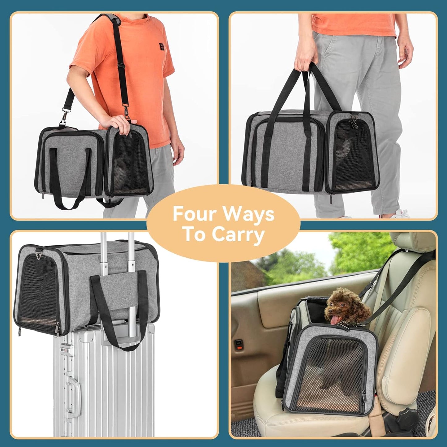 Petsfit Expandable Pet Carrier for Cat Or Puppy Up to 18 Pounds, Square Extension Add More Space, Washable Soft Pet Carrier for Home Outdoor Travel, 19"X12" X12" Gray