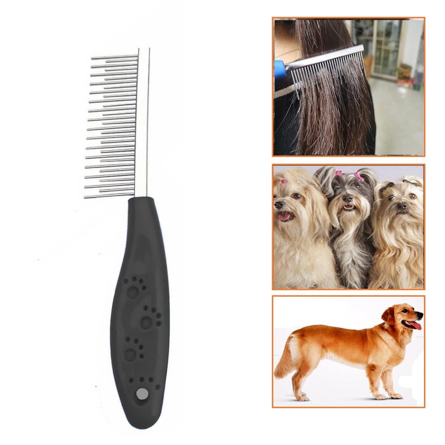 Dog or Cat Comb Grooming with Short and Long Teeth Dematting Knots Tangles Remover Combs Detangler Tool Suitable for Dogs Cats Poodle HorseStainless Steel Pin (Black)