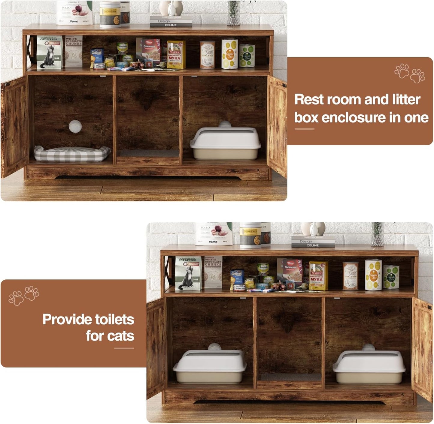 Cat Litter Box Enclosure for 2 Cats, 47" Double Hidden Litter Box Furniture with Scratch Pad, Farmhouse Indoor Litter Box Cabinet Cat Washroom, Rustic Brown