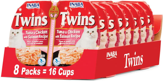 INABA Twins for Cats, Side Dish/Topper Cups, 1.23 Ounces per Serving, 16 Servings, Tuna & Chicken with Salmon Recipe