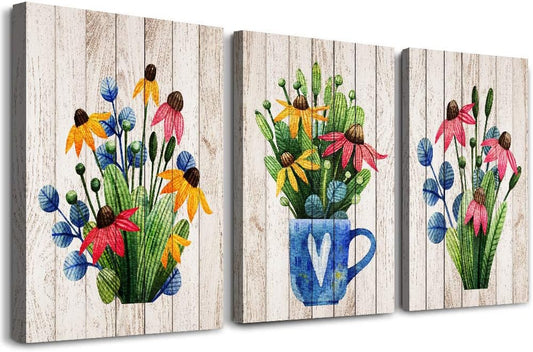 Canvas Wall Art For Kitchen Wall Decoration For Living Room Wall Decor For Bedroom Room Decor Vintage Wood Grain Plant Flowers Wall Painting Office Wall Pictures Artwork Home Decor 16" X 24" 3 Piece