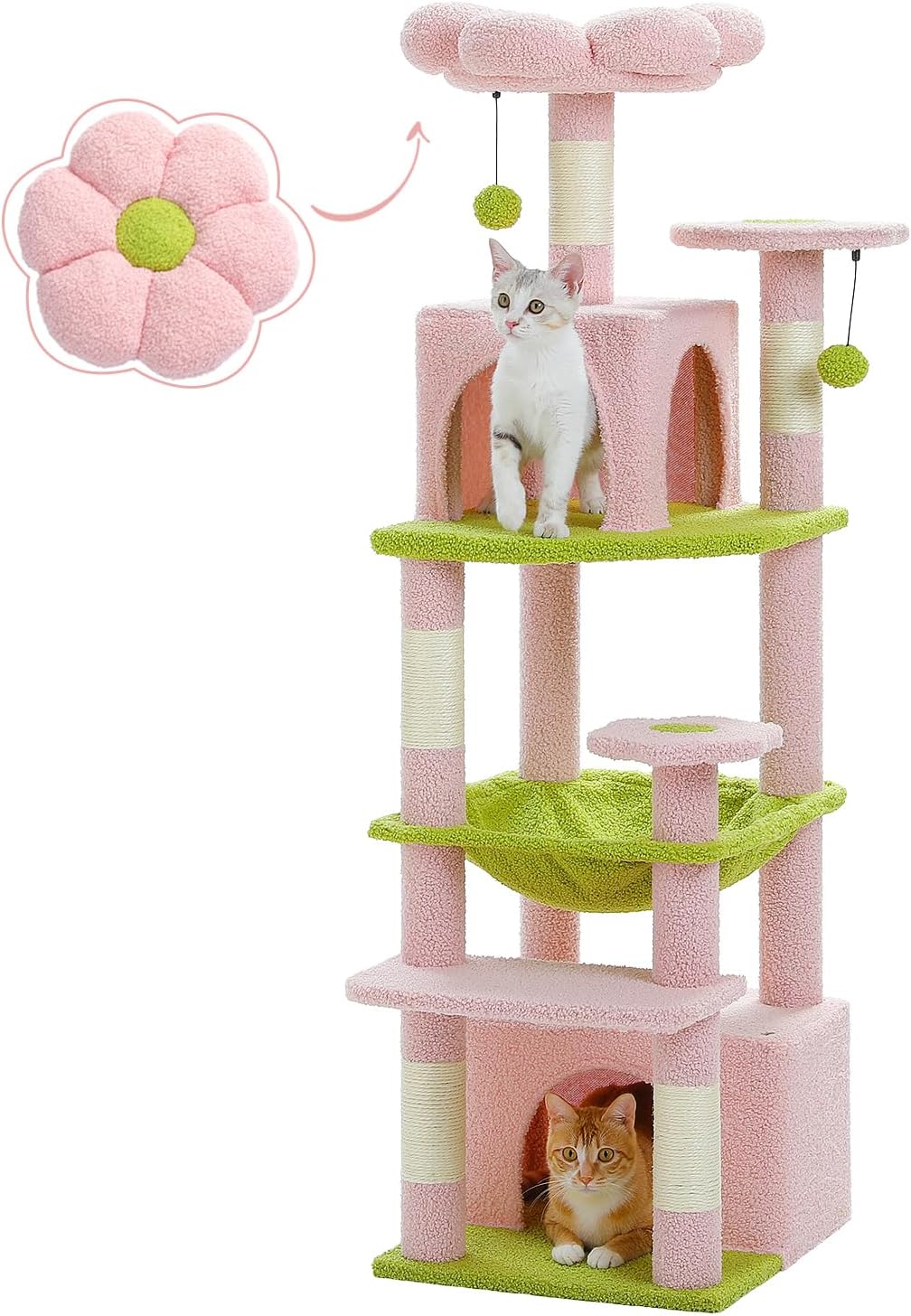 PAWZ Road Cat Tree, 53.5 Inches Tall Cat Tower with Spacious Hammocks, Condos and Scratching Posts, Cat House with Dual Padded Perches for Indoor Large Cats-Pink