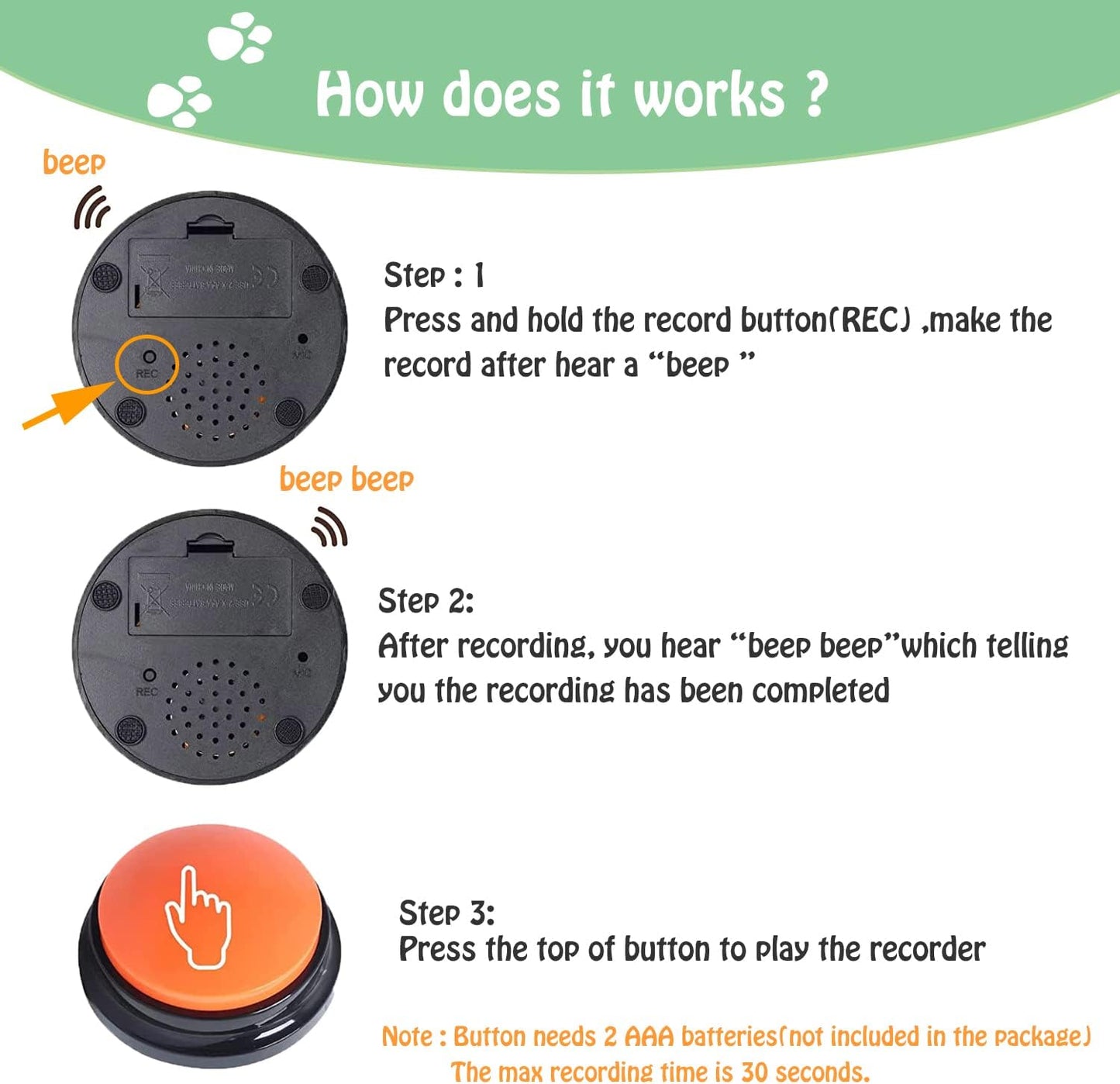 FINEST+ Voice Recording Button for Communication Pet Training Buzzer, 30 Second Record&Playback Dog Toy, Voice Recording Clicker for Cat, Puppy, Pet Trainin, Funny Gift for Study Office Home 4 Pcs
