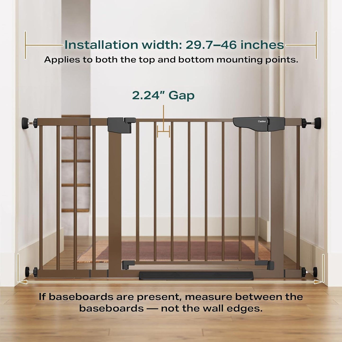 Cumbor 29.7-46" Baby Gate for Stairs, Mom's Choice Awards Winner-Auto Close Dog Gate for the House, Easy Install Pressure Mounted Pet Gates for Doorways, Easy Walk Thru Wide Safety Gate for Dog, Brown
