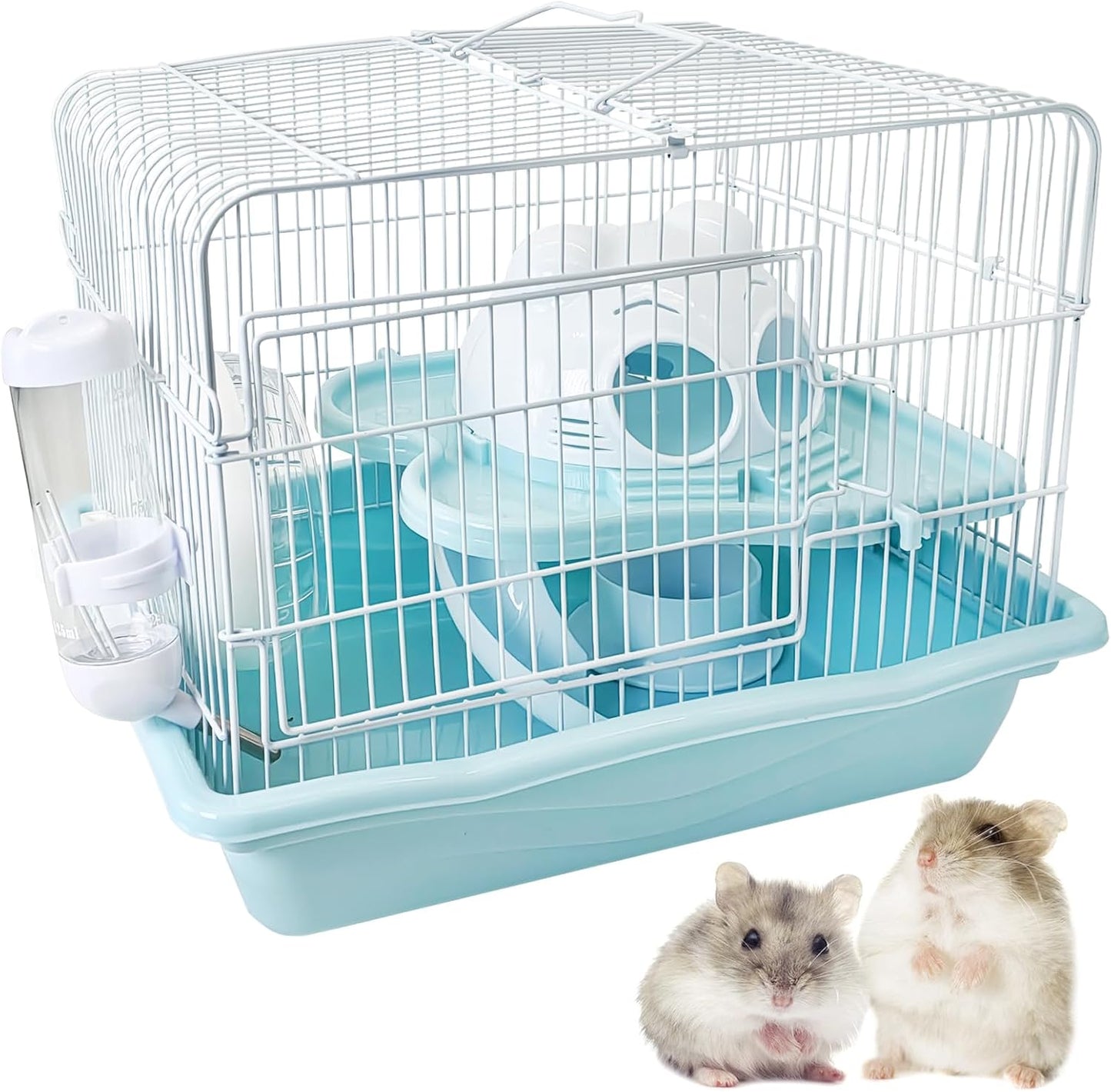 PINVNBY Dwarf Hamster Cage, Small Animal Cages, 2-Tier Travel Portable Mouse Cage Hamster Carrier with Castle House Running Exercise Wheels, Water Bottle and Food Dis（Blue）