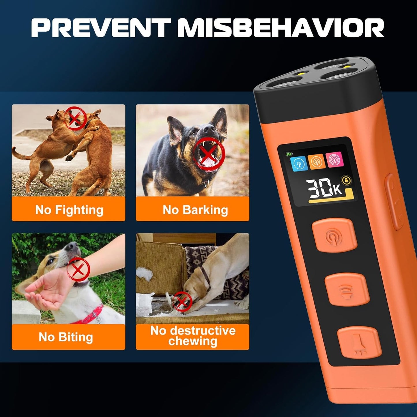 Dog Bark Deterrent Device, Color Display 2000 mAh Rechargeable Ultrasonic Anti-Barking Trainer with 4 Frequency Settings 25/30/40/55 kHz, 65ft Long-Range, Safe & Effective Alternative to Bark Collars