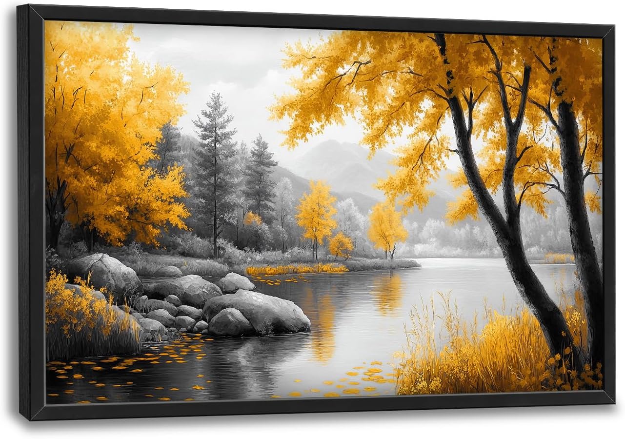 Framed Large Tree Wall Art for Living Room, Oversized Zen Trees Wall Decor, Black and Golden Forest Canvas Pictures Home Decoration for Living Room Bedroom Office 36"x24"
