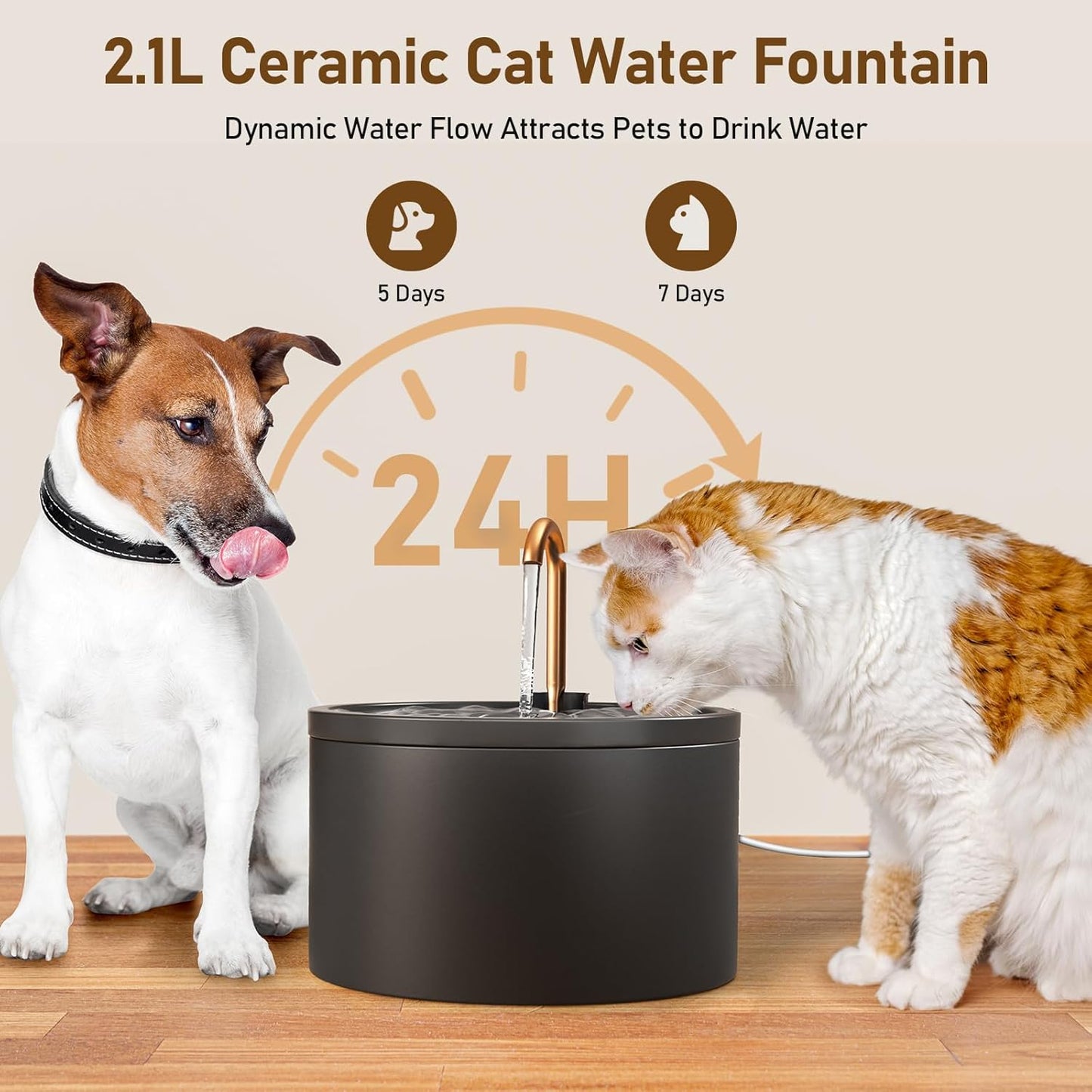 DOOOB Ceramic Cat Water Fountain, 2.1L/71oz Ceramic Cat Fountain, Automatic Ceramic Water Fountain for Cats, Pet Water Fountain with Ultra-Quiet Pump and 3 Filters & 3 Sponges (Black)