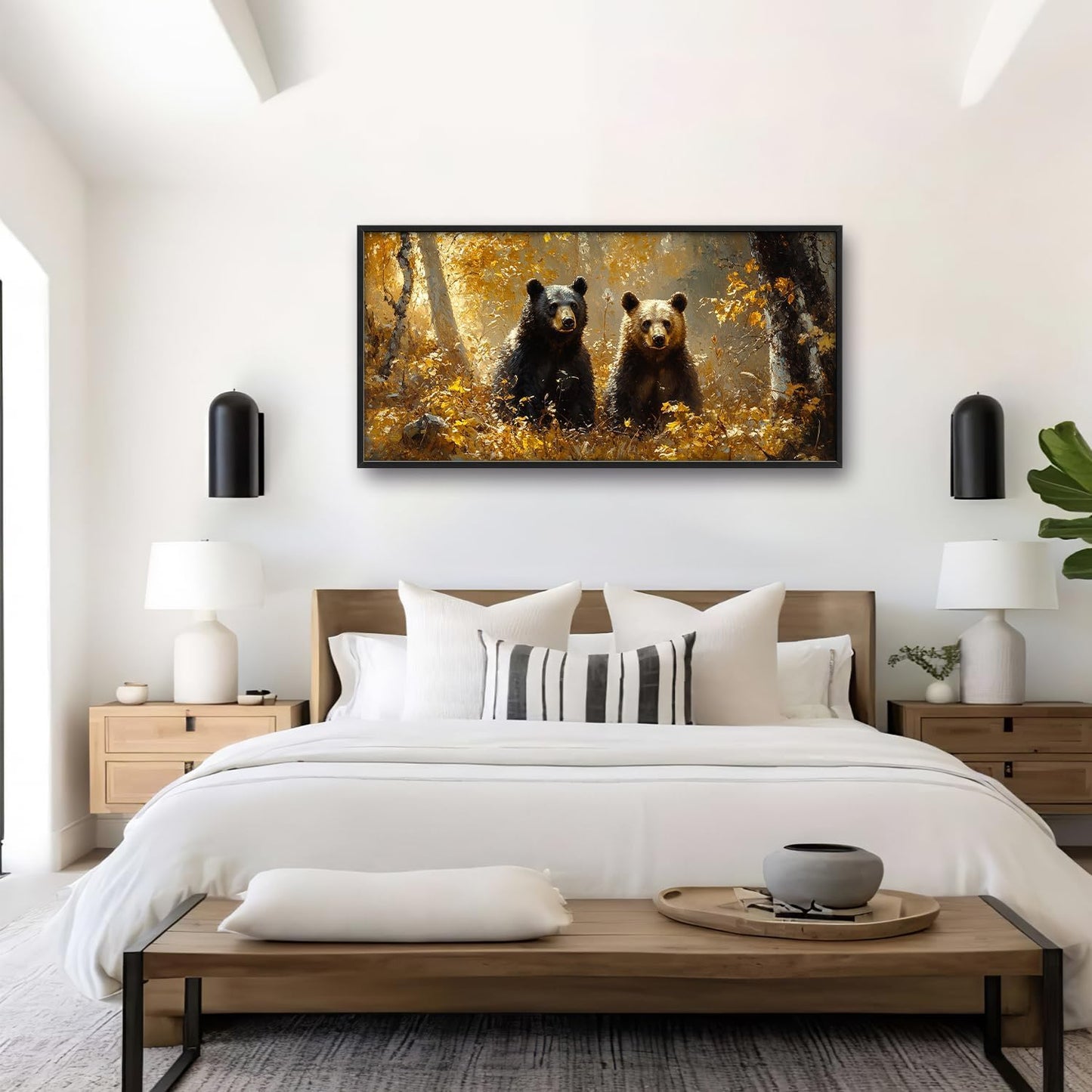 Large Forest Bear Wall Art for Living Room, Black Bear Autumn Canvas Oversized Wall Decor, Wildlife Framed Pictures Painting Print Artwork for Bedroom Office 60L" x 30W"