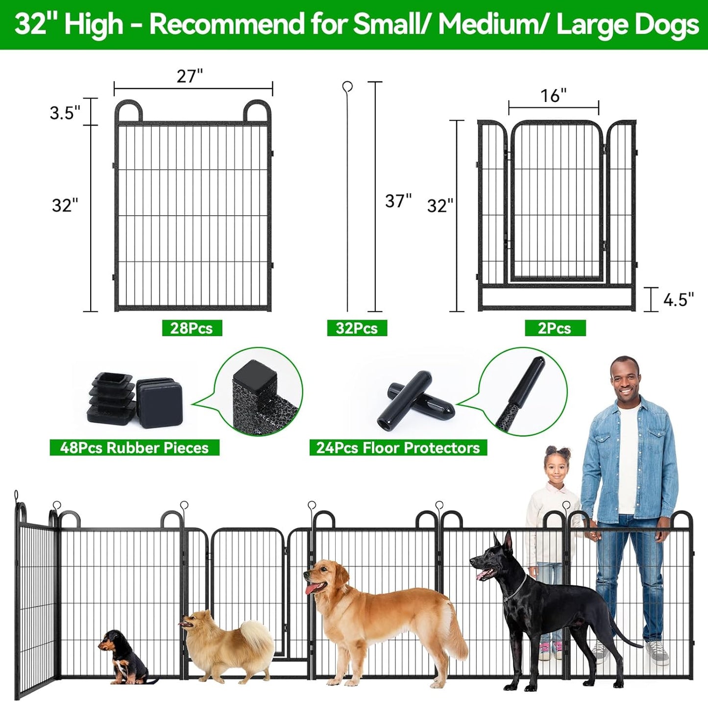 Dog Playpen Outdoor 24 Panels Heavy Duty Dog Fence 32" Height Anti-Rust with Doors Portable for RV Camping Yard, Total 54FT, 227 Sq.ft, Snowy Black