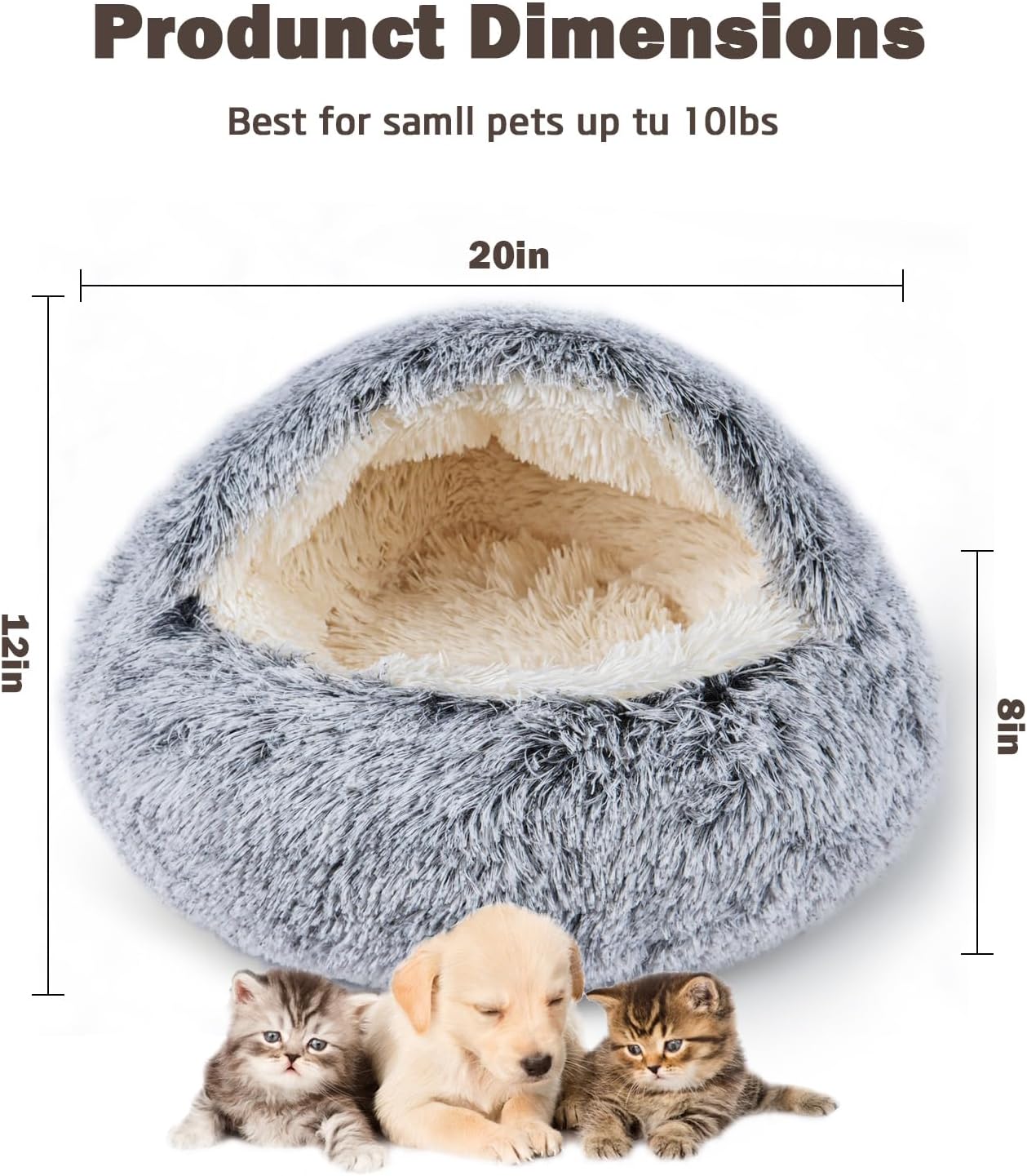Cat Bed for Indoor Cats, Calming Cozy Cave with Self-Warming Plush, Entire Bed Machine Washable & Anti-Slip Base, Breathable Pet Bed for Small Cats&Dogs All Seasons (Grey, 20 * 20inch)