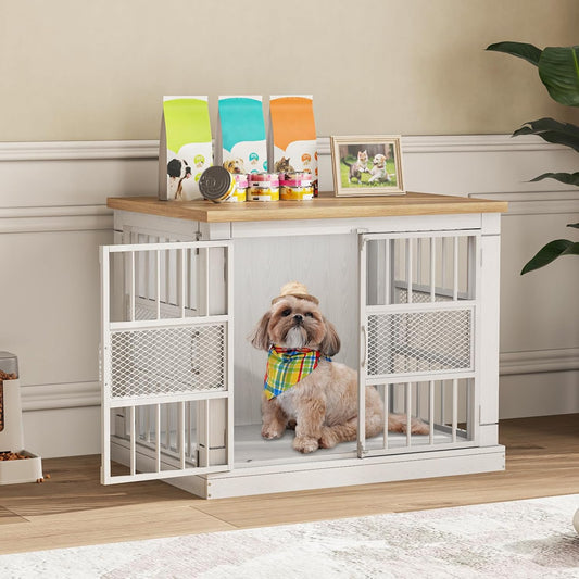 VOPEAK Dog Crate Furniture, Chew Resistant Dog Crate for Dogs, Heavy Duty Dog Crates Dog Kennel Cage Indoor with Double Doors, End Table for Bedroom Living Room (White, 27.5" L x 20" W x 23.6" H)