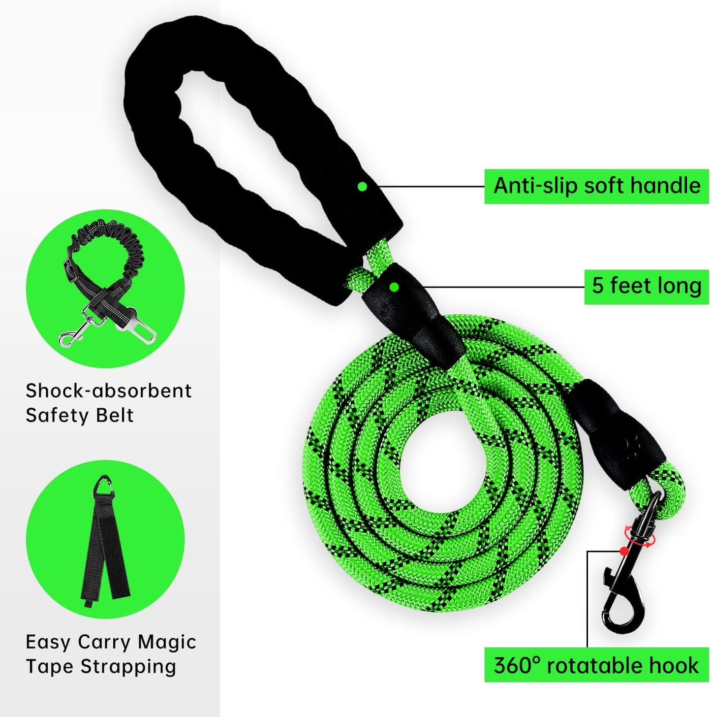IVY&LANE No Pull Dog Harness for Large Dogs, Dog Vest Harness with Leash, Safety Belt and Storage Strap, Fully Adjustable Harness, 360° Reflective Strip, Soft Handle (Green, L)
