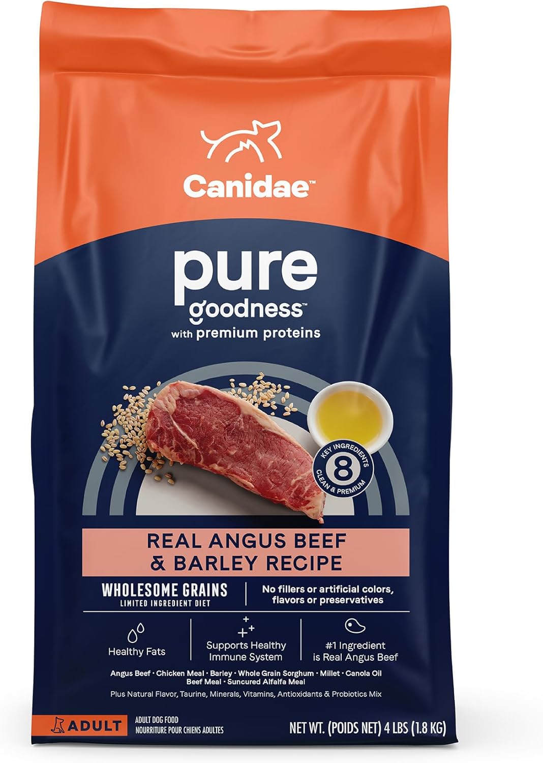CANIDAE Pure Limited Ingredient Premium Adult Dry Dog Food, Real Beef & Barley Recipe, 4 lbs, with Wholesome Grains