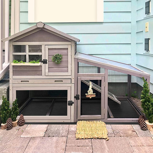 GUTINNEEN Rabbit Hutch for Outdoor Indoor Use, Bunny Cage with PVC Layer and Bottom Wire Netting, Wooden Chicken Coop Rabbit House with UV Roof, Leakproof Tray, Run