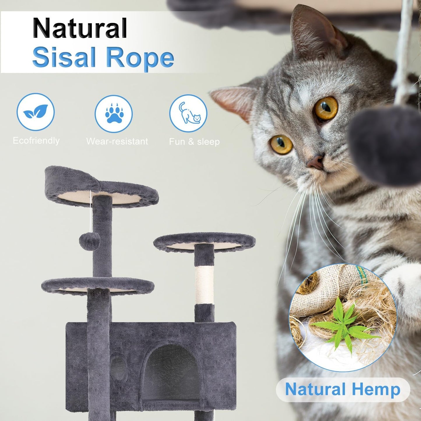 FDW Cat Tree 54in Cat Tower Multi-Level Durable Cat Scratching Post & Cozy Fun Cat Jumping Platform Space Saving Cat Condo Pet Play House for Indoor Cats,Ashy