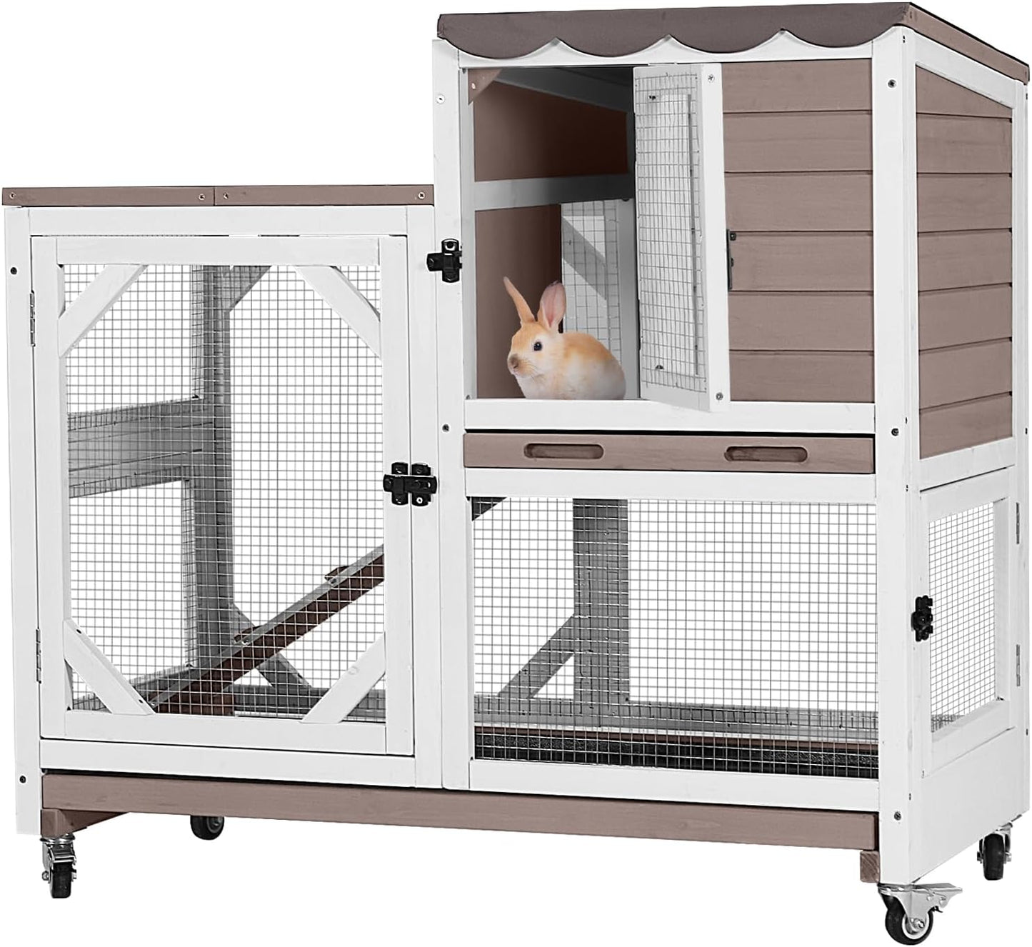 Rabbit Hutch Outdoor Indoor,Two Story Wooden Bunny Cage with Casters,Guinea Pig Cage for Small to Medium Animals with Waterproof Roof and Leakproof Tray