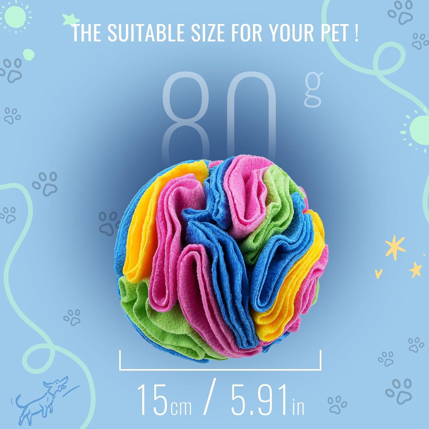 Pet Snuffle Ball, Puzzle Sniffing Interactive Dog Ball for Blind Dogs Training Stress Relief Dog Enrichment Toys Treat Machine Washable (15cm, New Rainbow Color)