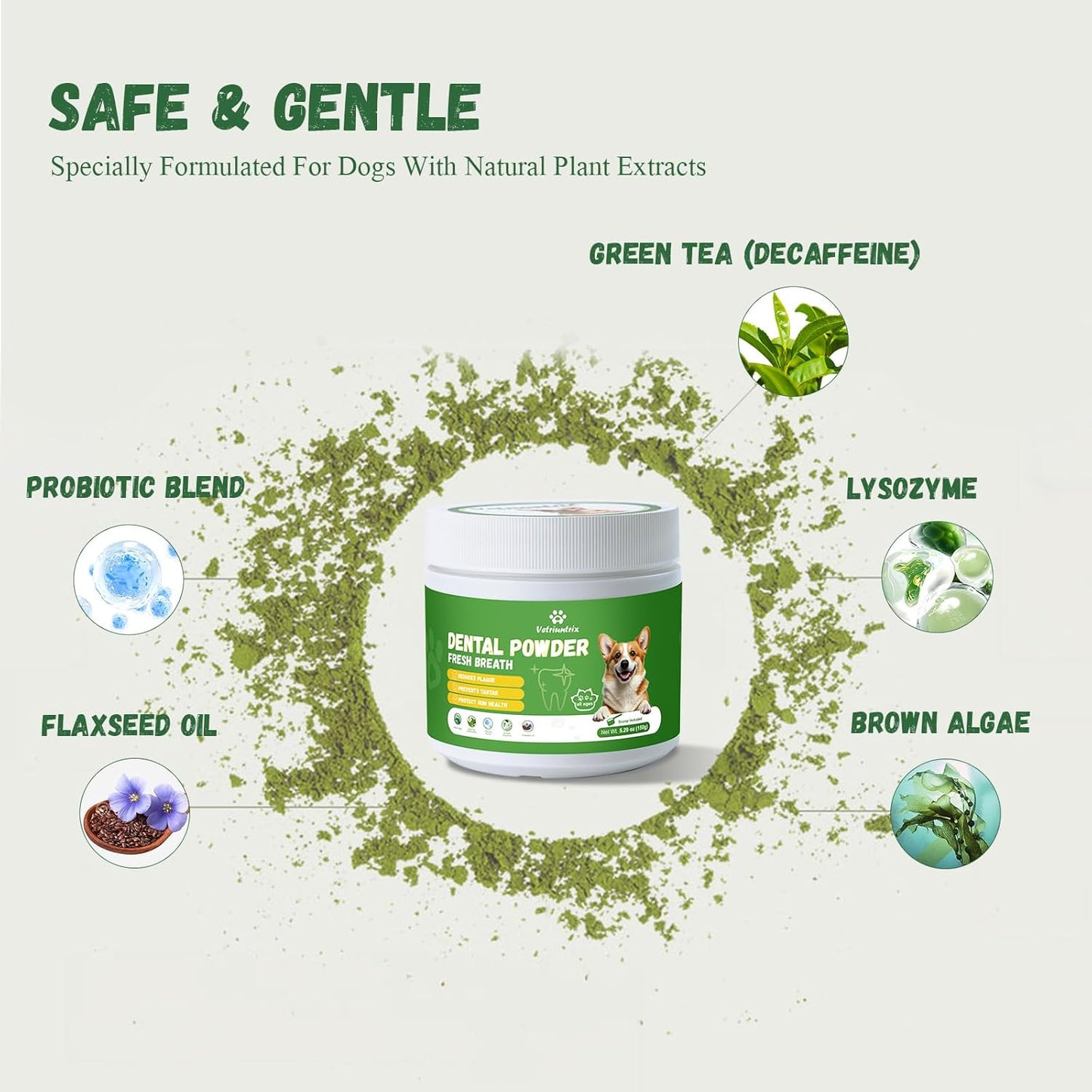 Dog Dental Care Powder - Plaque & Tartar Control with Natural Enzymes, Teeth Cleaning Powder for Dogs with Probiotic, Bad Breath Treatment for Small Medium Large Dogs