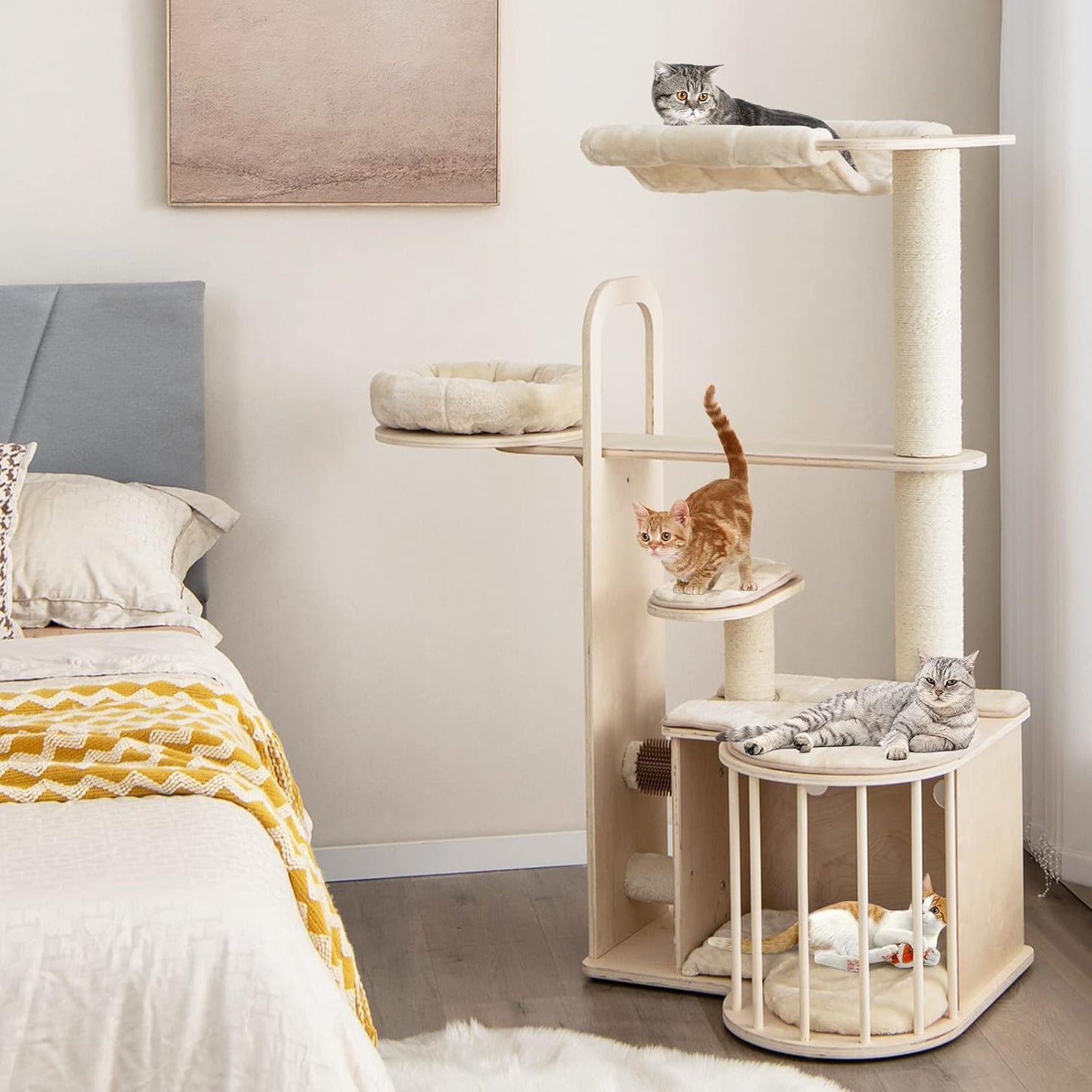 Tangkula Wood Cat Tree for Indoor Cats, 55 Inch Multi-Level Cat Tower Activity Center with Hammock, Cat Condo, Sisal Scratching Posts & Washable Cushions, Modern Cat Tree Houses for Large Cats