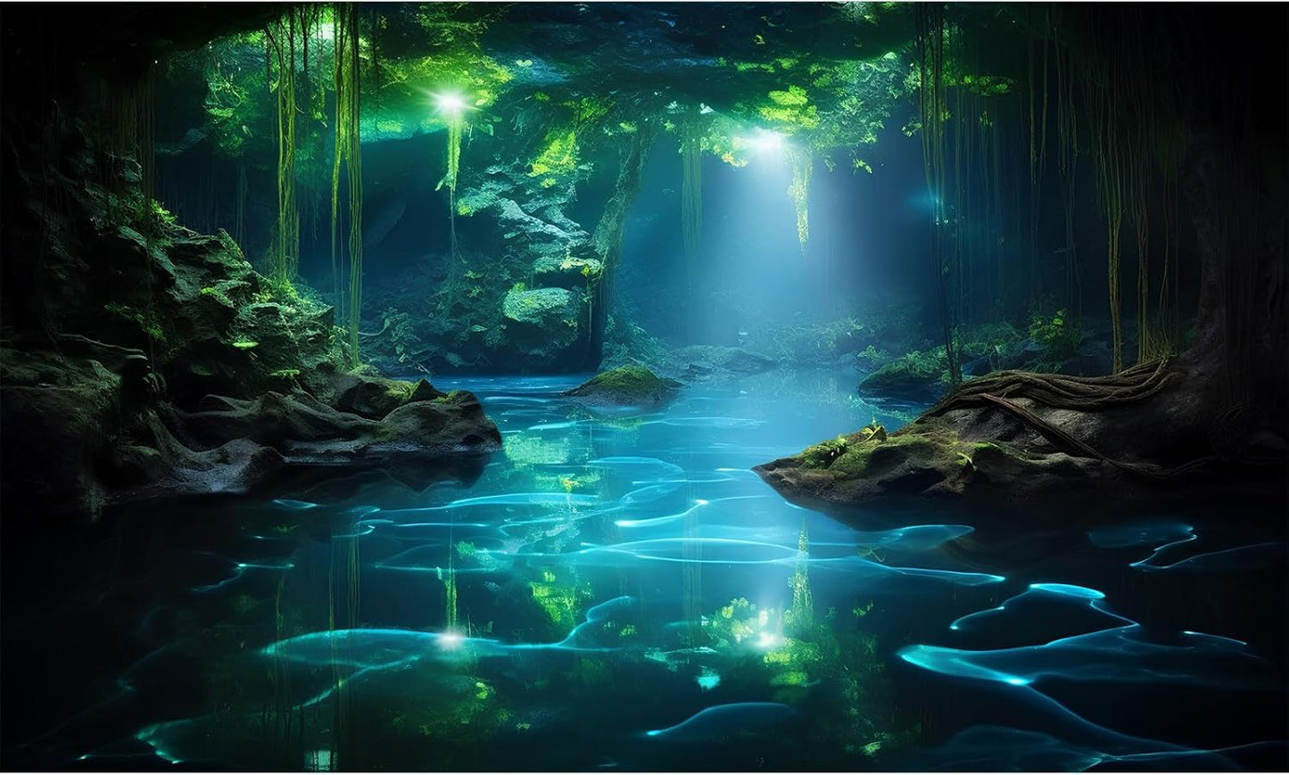 Cave Aquarium Background Underwater Cave with Light Beam Tranquil Stream Terrarium Background Mysterious Elegant Fantasy Tropical Plants Fish Tank Backdrop Wallpaper Poster Decorations Vinyl 24x16in