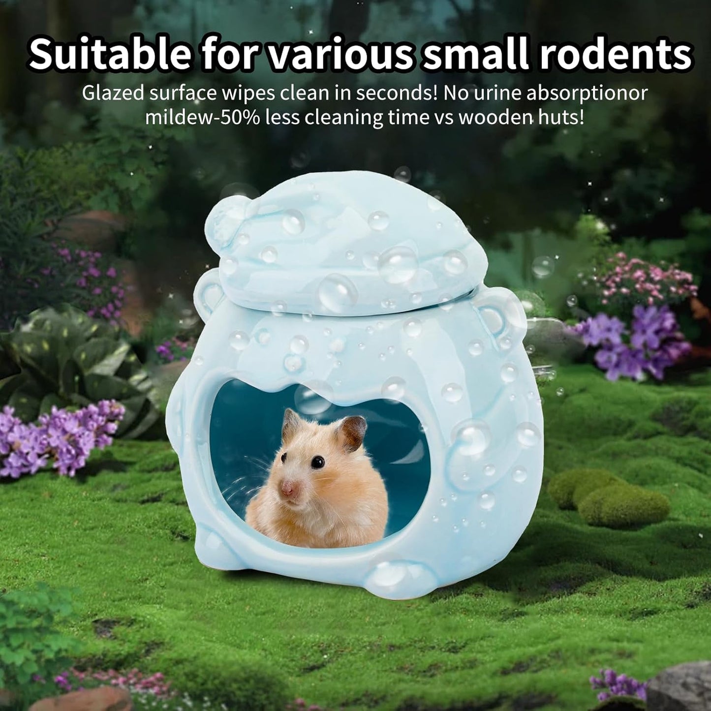 3-in-1 Bear Shaped Ceramic Hamster House - Cool House for Syrian Dwarf Hamsters, Mice, Gerbils， Small Pets, Top for Hamster Food, Removable Lid for Ice Packs, Cute Cool Hideout for Summer（Blue）