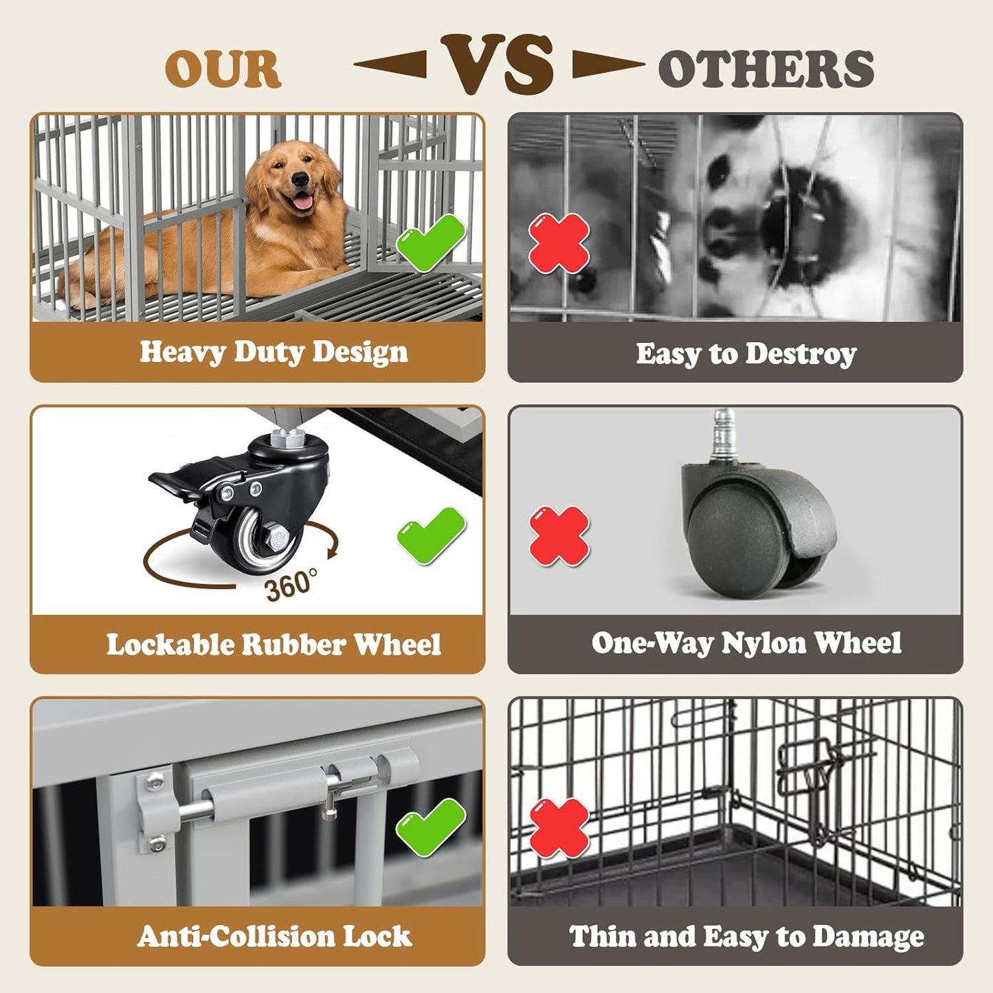 Dog Crate with Removable Tray, 37/42/46 Inch Indestructible and Escape Proof Steel Dog Cage Kennel for High Anxiety Dogs, Heavy Duty Dog Crate with Wheels, Double Door, Extra Large XL XXL