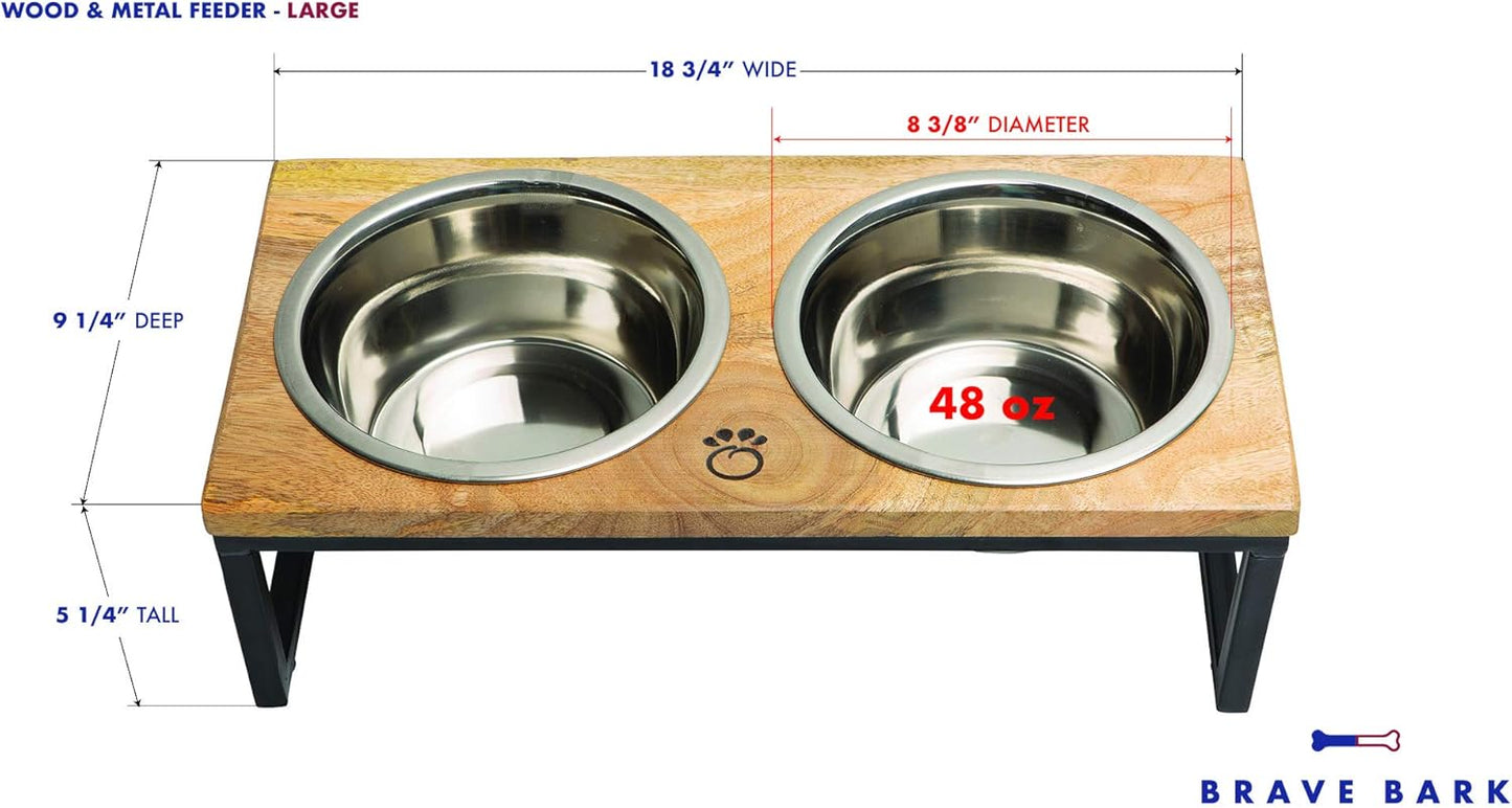 Mango Wood Dog Bowl Stand - Elevated Pet Feeder with 2 Stainless Steel Bowls - Raised Food and Water Dish Set for Dogs and Cats, Available in 4 Sizes, Pet Dining Station, Large/48oz