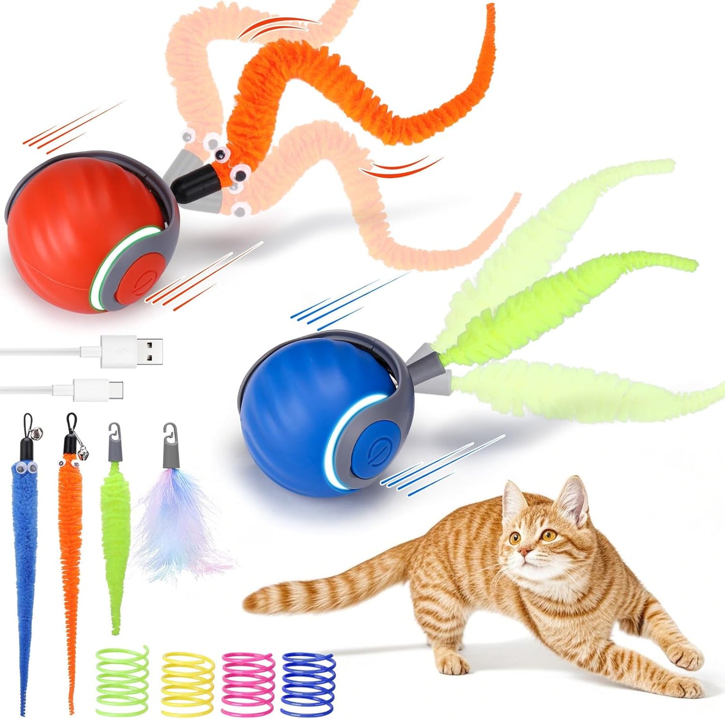 AIERSA 2Pcs Interactive Automatic Cat Toys for Bored Indoor Adult Cats,Self Play Speed Tail Toy with 3 Tails and 4 Springs