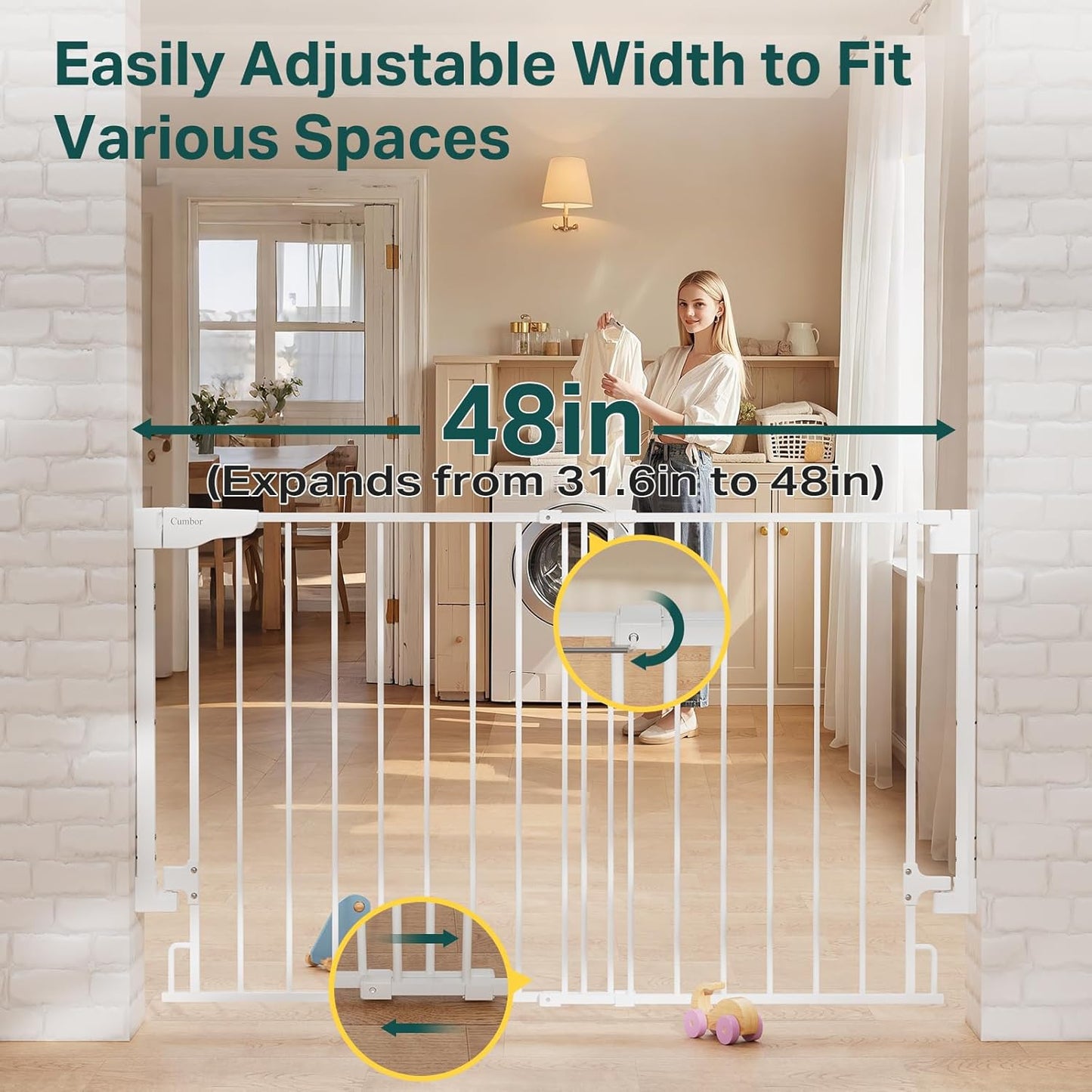 Cumbor 31.6-48" No Bottom Bar Baby Gate for Stairs, 2-in-1 Auto Close Dog Gate Indoor, Hardware Mounted Pet Gate for Doorways with Large Walk Thru Door, Child-Proof Safety Gate for Kids (White)