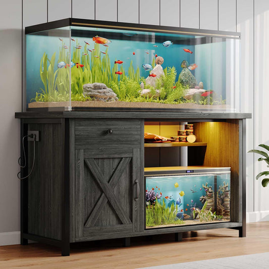 4ever2buy 55 Gallon Fish Tank Stand with LED Light & Power Outlets, 55-75 Gallon Aquarium Stand with Drawer & Barn Door, Cabinet for Fish Tank Accessories Storage for Reptile Tank, Turtle Tank, Gray