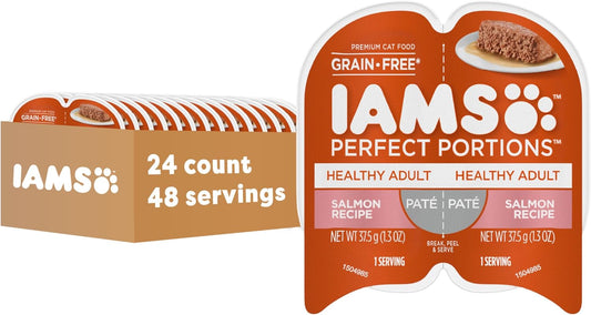 IAMS Perfect Portions Healthy Adult Grain Free Wet Cat Food Pate, Salmon Recipe, 2.6 oz. Easy Peel Twin-Pack Trays (24 Count, 48 Servings)
