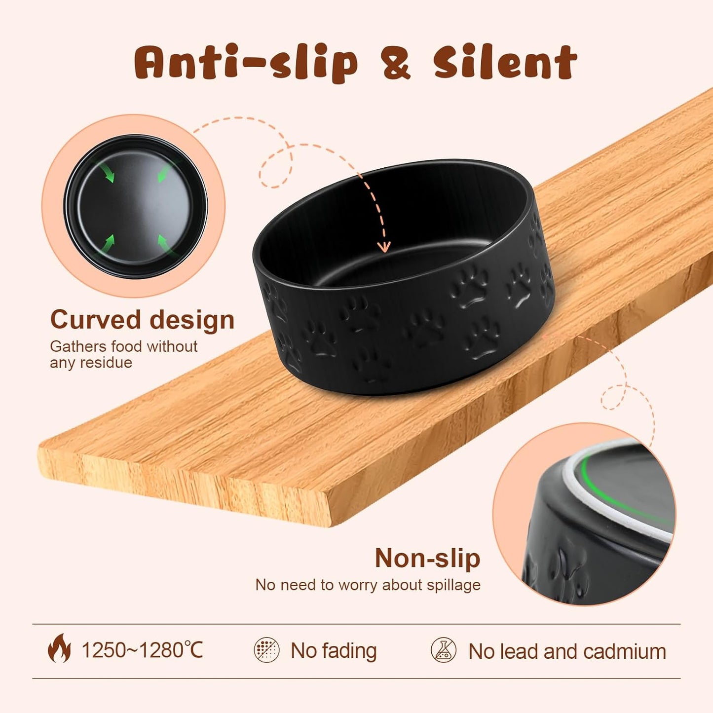 SPUNKYJUNKY Ceramic Elevated Dog Bowl Set with Acacia Wood Stand for Food and Water for Cats and Small Dogs (13.52 OZ, Black, Dog Paw Pattern)