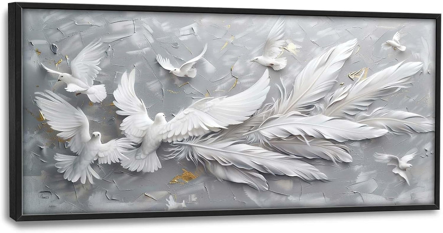 Quorin Feather Dove Bird Large Wall Art White Gray Holy Wings Pictures Peaceful Birds Flying Wall Decor Canvas Print Painting Artwork for Bathroom Living Room Bedroom 60L x 30W