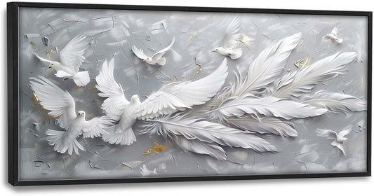 Quorin Feather Dove Bird Large Wall Art White Gray Holy Wings Pictures Peaceful Birds Flying Wall Decor Canvas Print Painting Artwork for Bathroom Living Room Bedroom 60L x 30W