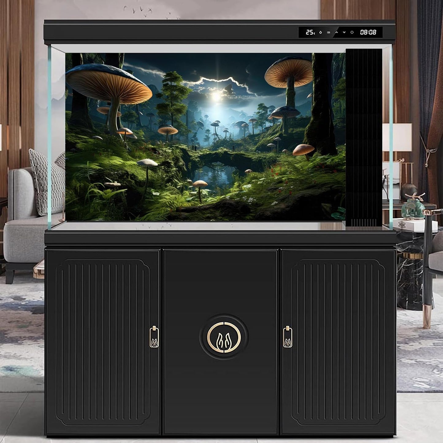 Fantasy Mushrooms Landscape Aquarium Background Tranquil Stream Cloudy Sky Terrarium Background Lush Green Tropical Plants Trees Fish Tank Backdrop Decoration Tank Background Poster 36x20in