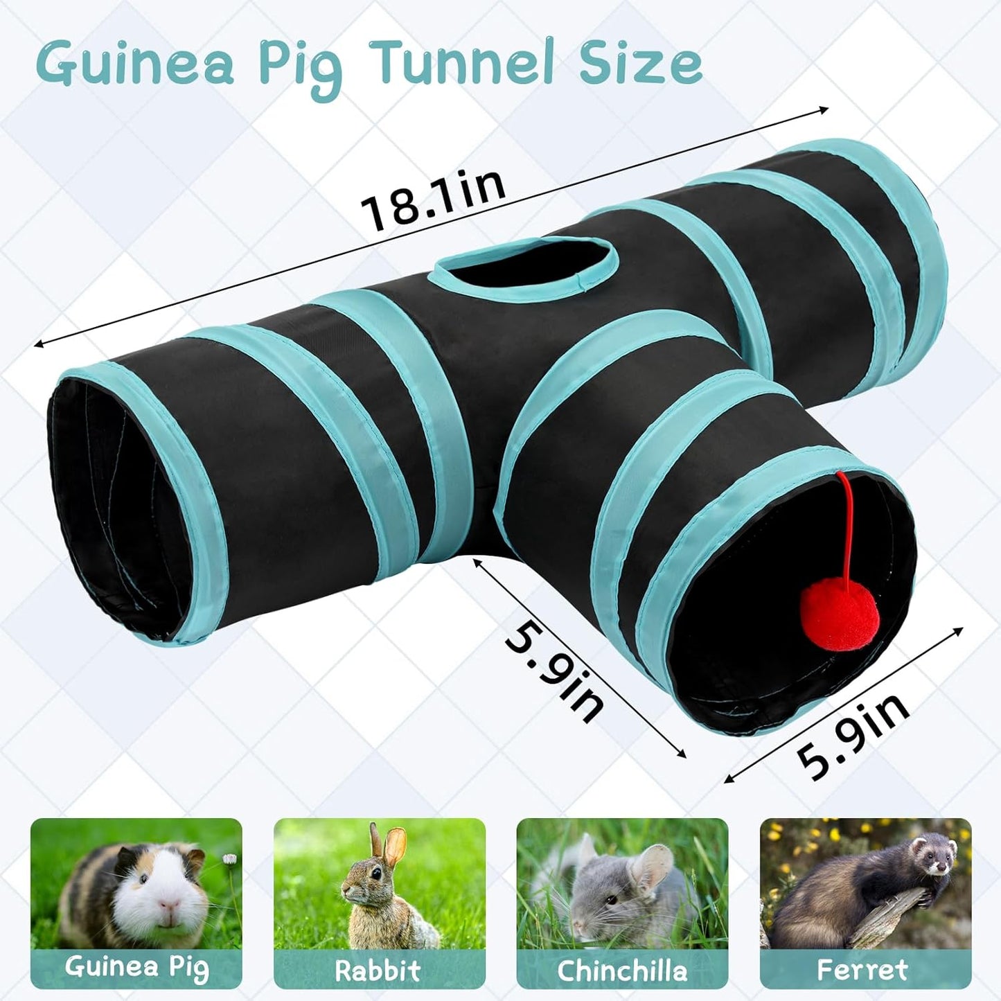 Rypet Guinea Pig Tunnel, 3 Way Collapsible Rabbit Tunnel, Small Pet Tunnels and Tubes with Interactive Ball for Rabbit Ferret Hamster Chinchilla Hedgehog Hiding and Resting