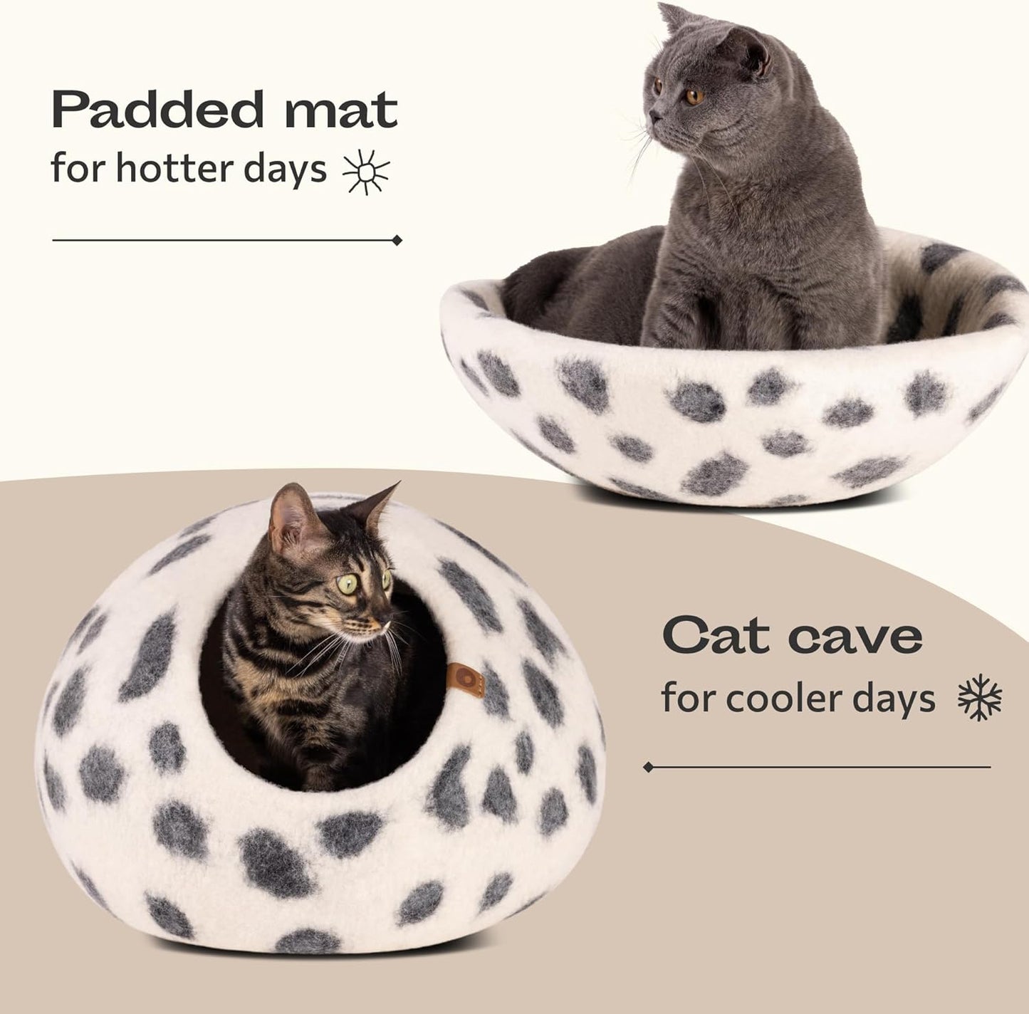 MEOWFIA Cat Cave – Premium Felt Cat Bed for Indoor Cats, Handmade 100% Merino Wool (Large, Snow Leopard)