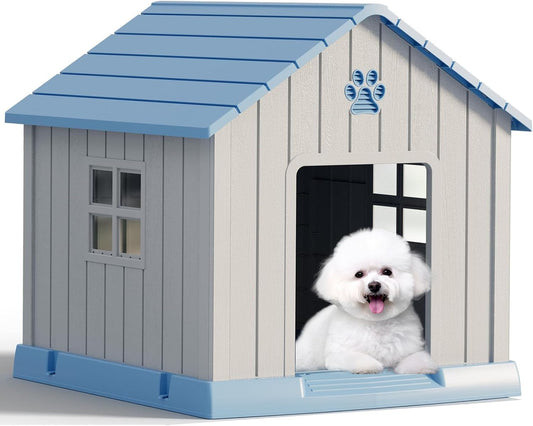 Large Dog House Outdoor Indoor for Medium Large Dogs, Durable Plastic Waterproof Doghouse with Air Vents and Elevated Floor, Easy Clean and Assemble (Blue, 31" L x 33.3" W x 33.5" H)