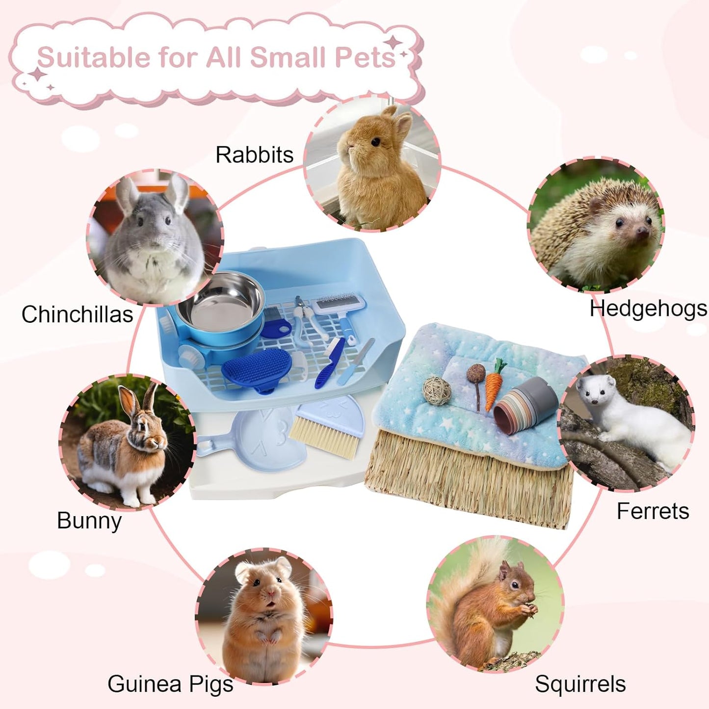 25 Pcs Large Rabbit Starter Kit, Bunny Litter Box with Drawer Animal Grooming Kit Stacking Cups Bowl Blankets Mat with Cleaning Set for Adult Guinea Pig, Ferret, Hamster, Bunnies Accessories (Blue)