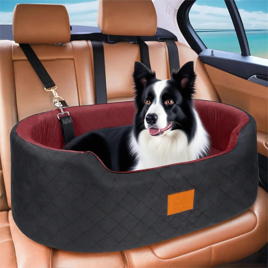 Dog Car Seat for Medium Dogs Up to 50 lbs, Pet Booster Seat for Cars SUVs and Trucks, Travel Dog Bed with Safety Strap, Thick Cushion, Non-Slip Base, Washable and Portable(Black/Red